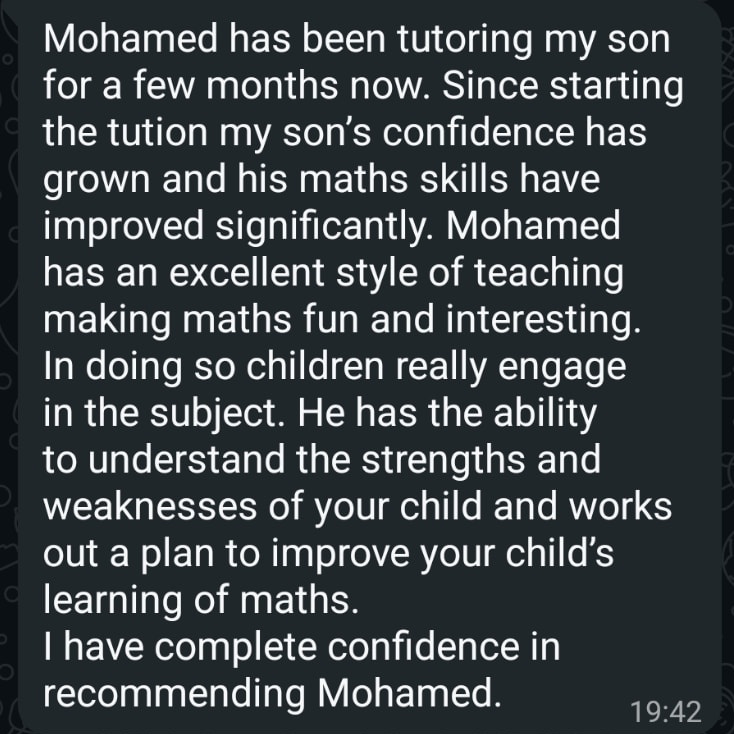 WhatsApp review from a parent: son's confidence and enjoyment of maths grew significantly